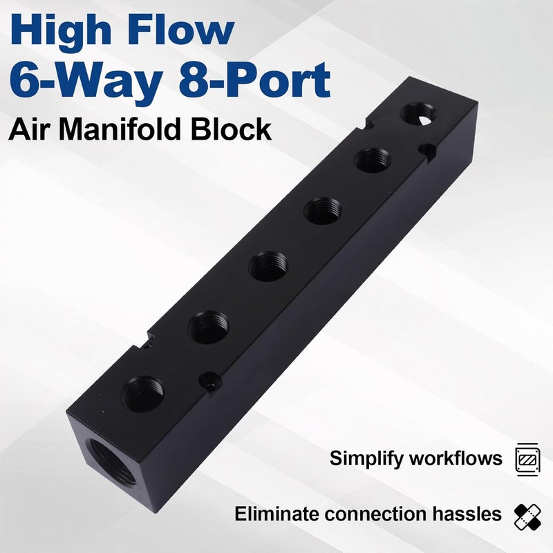 MARSTEK High Flow Air Manifold, Air Compressor Manifold, Air Hose Inline Manifold Block Splitter, Pneumatic Manifold Air Distribution Block, NPT 1 Inch Supply Port, NPT 1/2 Inch Output Port (6 Way 8 Port) - Image 2